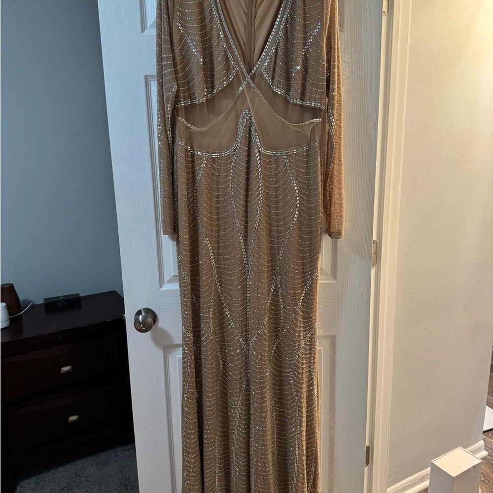 Banjul Tan Beaded Long Sleeve Jumpsuit
